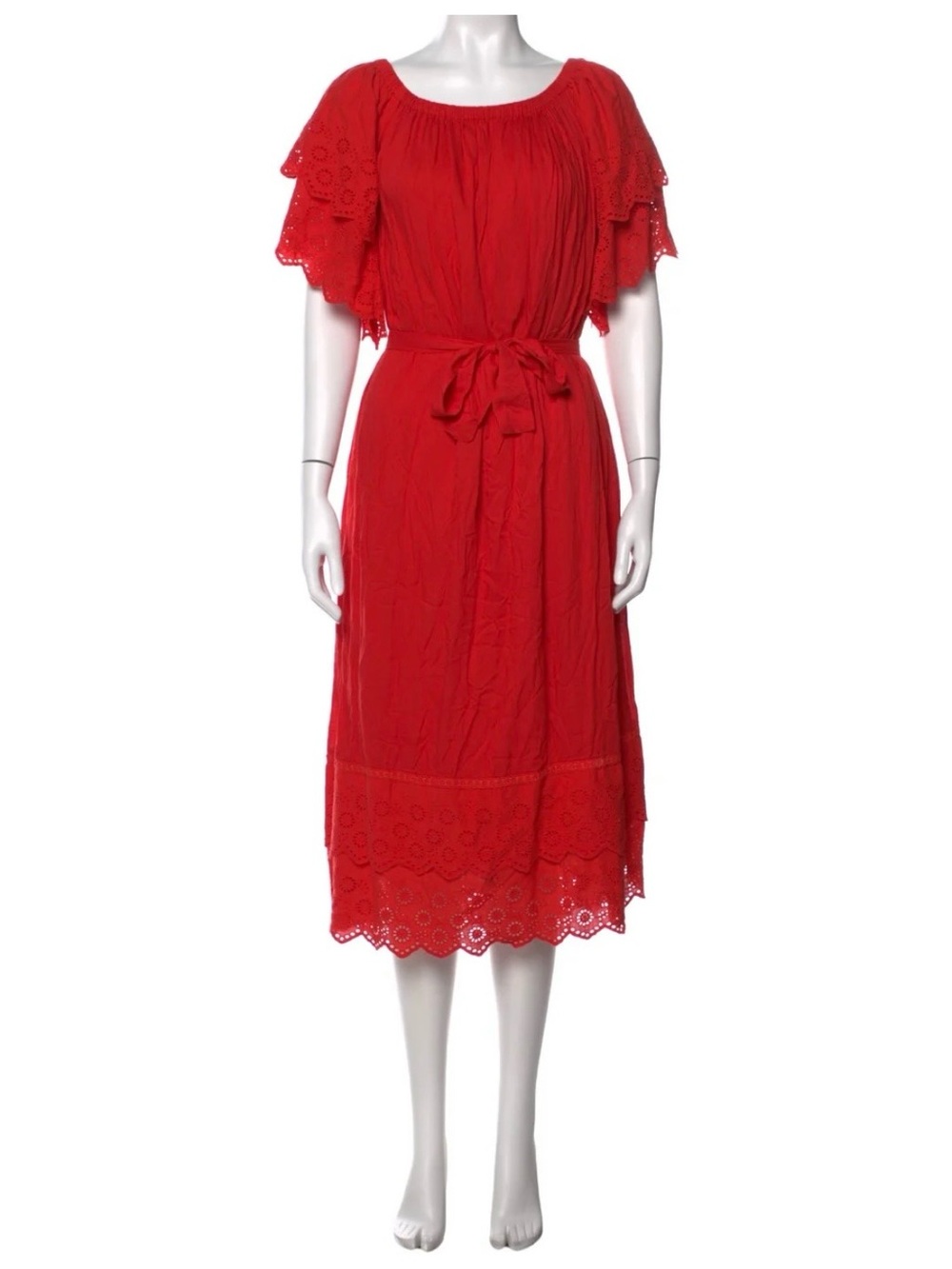 Melissa Odabash Red Eyelet Flutter Midi Dress with Waist Tie NWT Size Small